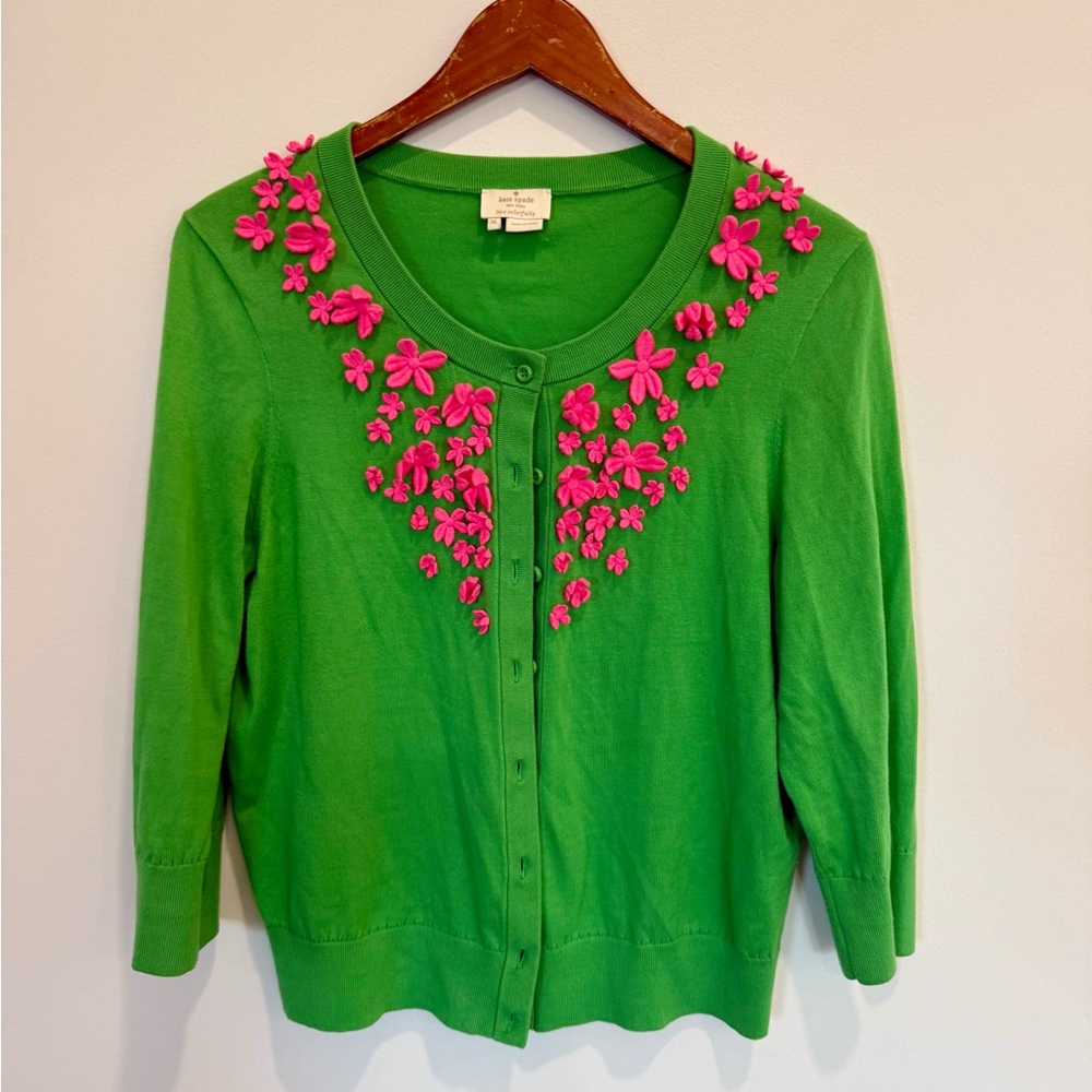 Kate Spade New York green 3/4 sleeve cardigan with hot pink flowers. Size XL